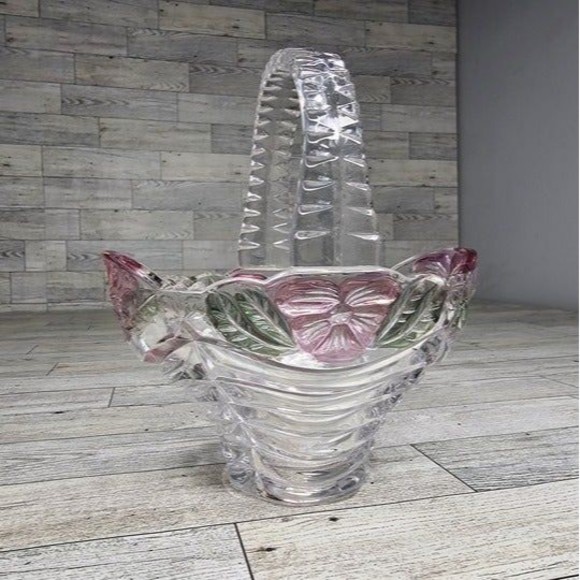 Anne Hutte Bleikristall Lead Crystal Basket 24% P.bO Made in Germany Pink/Green - Picture 2 of 7